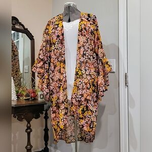 NWT 2X 'Live 4 Truth' Ruffly Sleeved Long Sheer Vintage Print Kimono